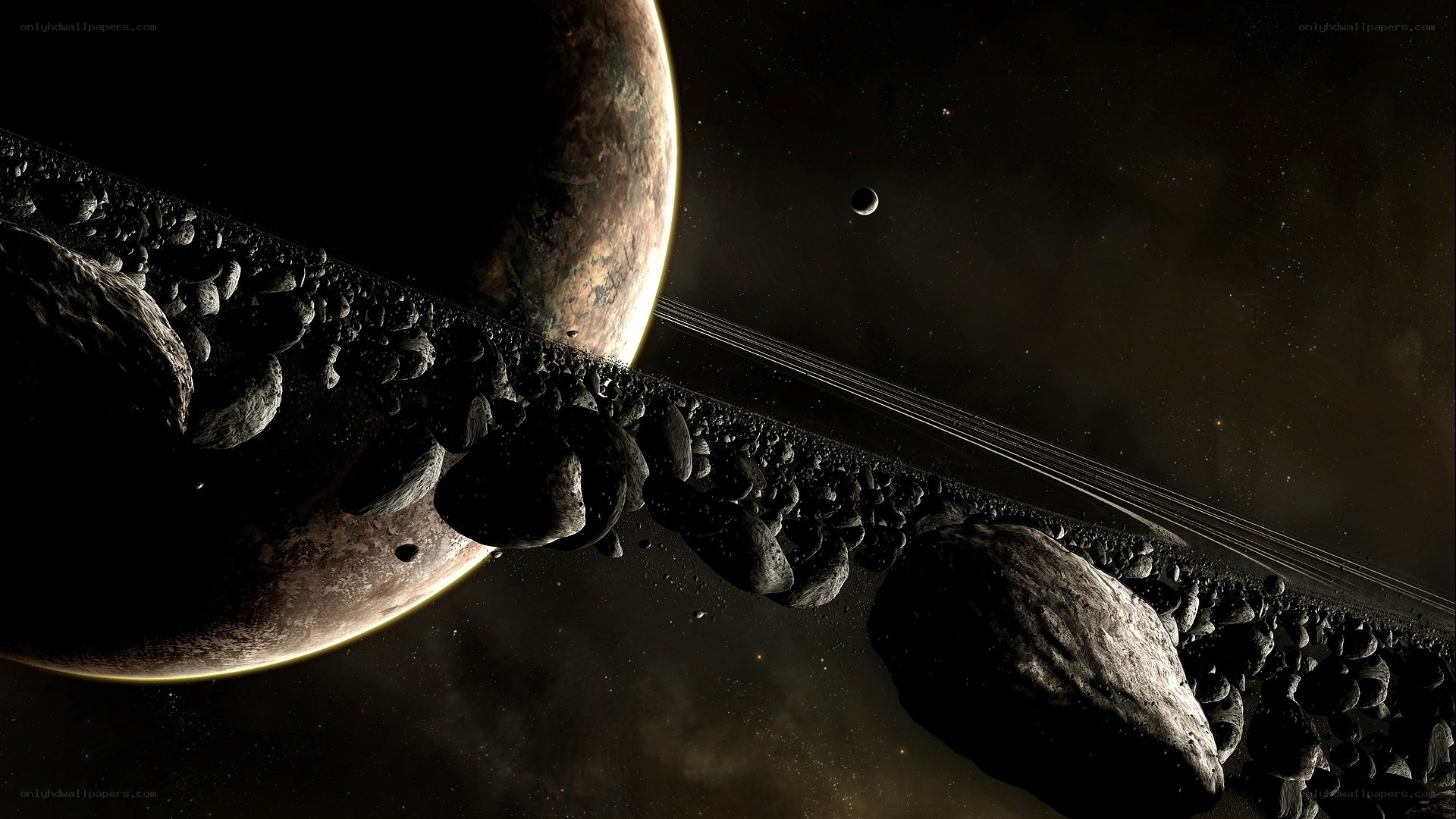 Planet with rings and asteroids