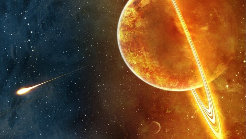 Planet with Rings and Meteor — Orange, Dramatic