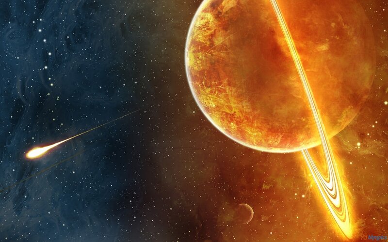 Planet with Rings and Meteor — Orange