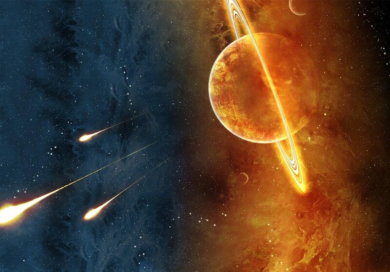 Planet with Rings and Meteors