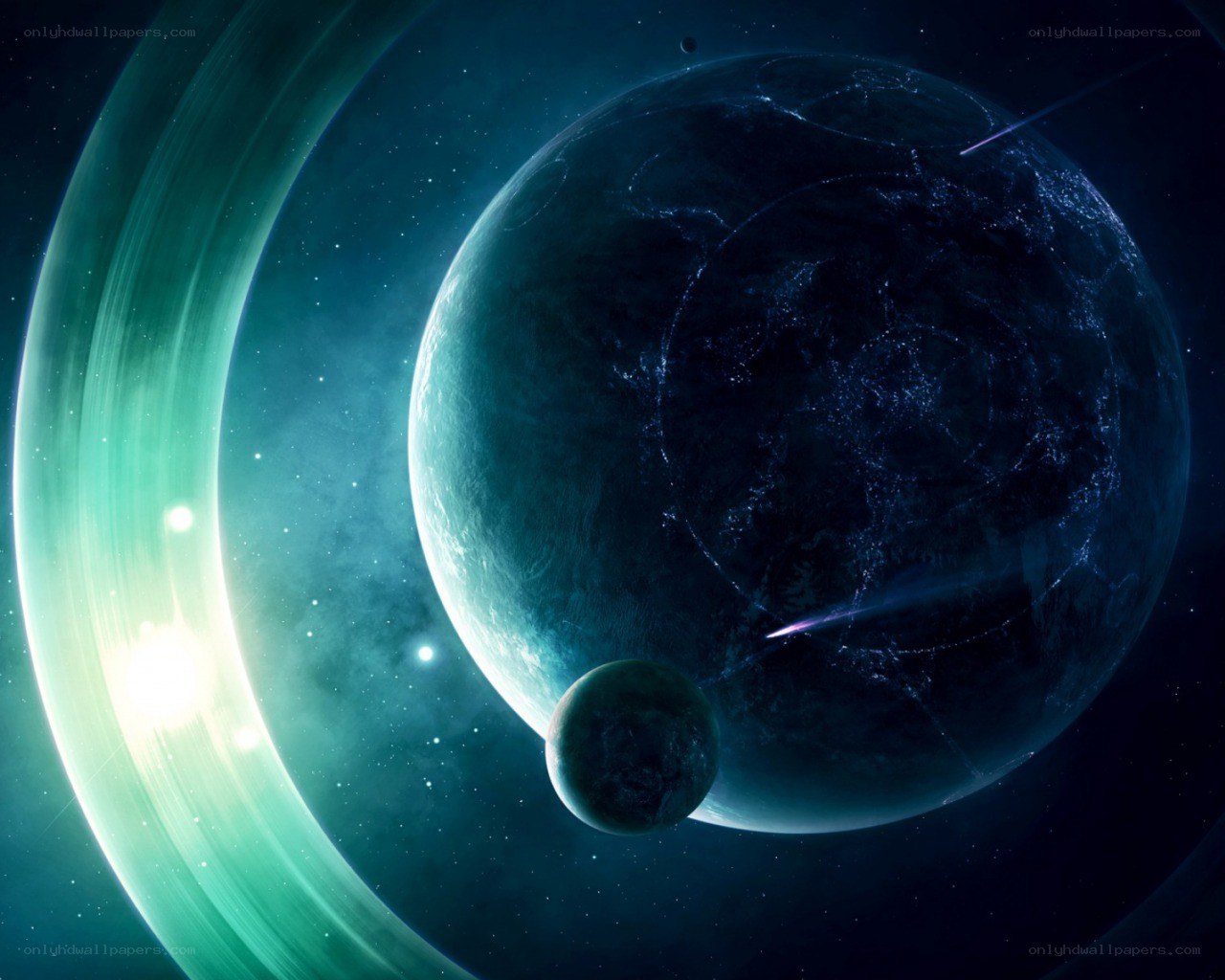 Planet with rings and moon