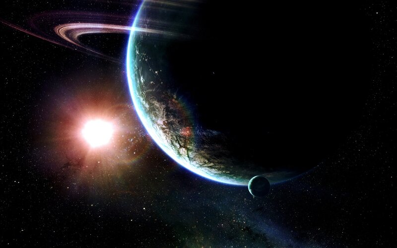 Planet with rings and moon