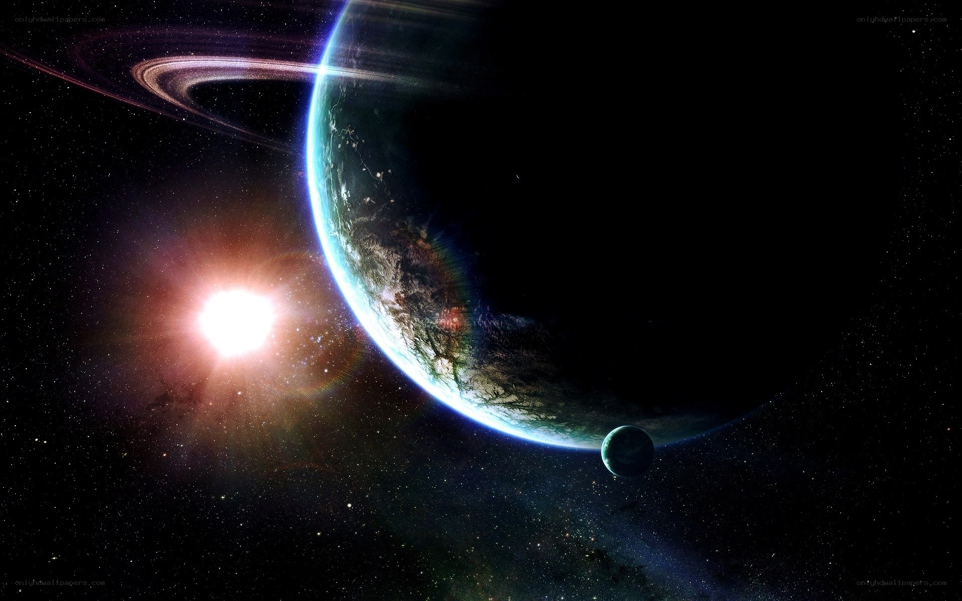 Planet with rings and moon