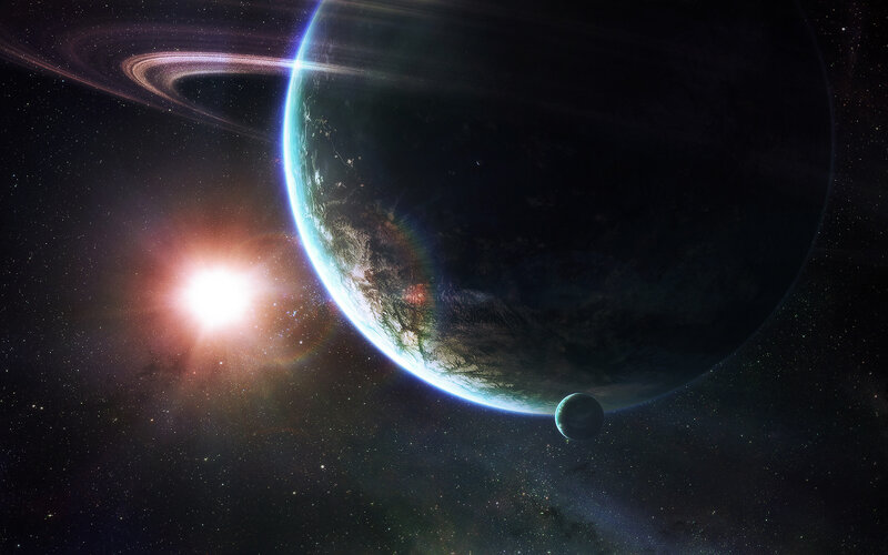 Planet with Rings and Moon — Black, Dramatic, Digital Art, Sun