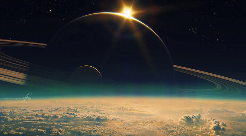 Planet with Rings and Moon — Black, Dramatic, Night, Digital Art