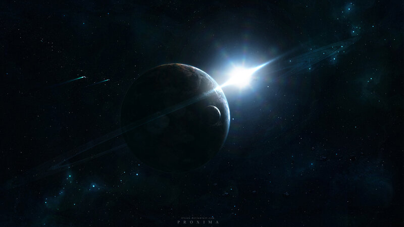 Planet with Rings and Moon — Black, Dramatic, Night
