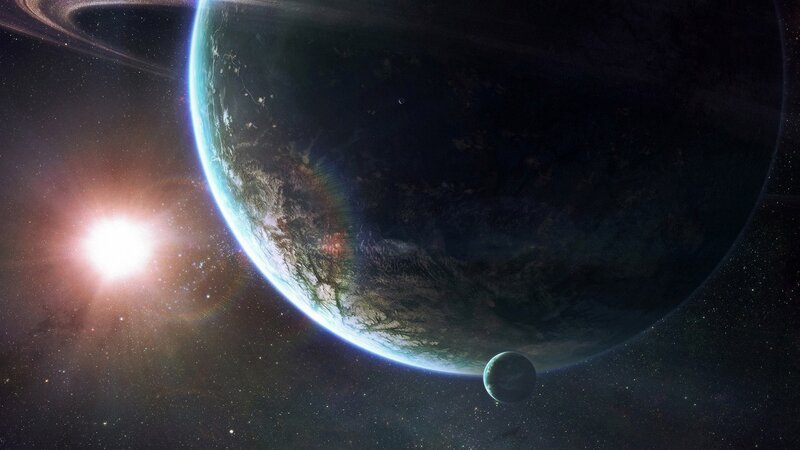 Planet with Rings and Moon — Blue, Dramatic, Digital Art, Star, Space