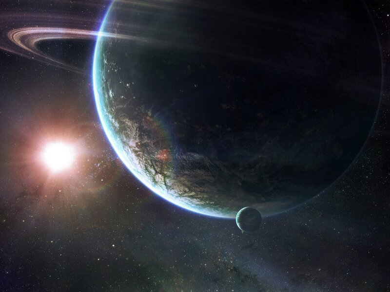 Planet with Rings and Moon — Blue, Dramatic, Digital Art