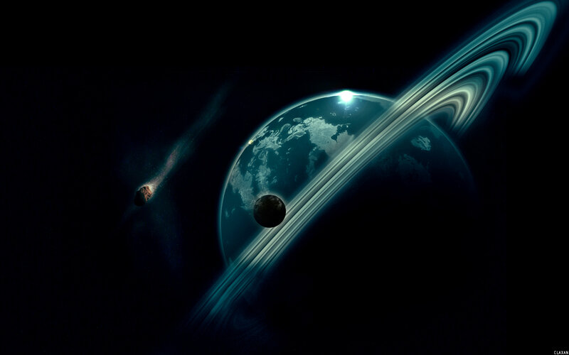 Planet with Rings and Moon — Blue, Dramatic, Night, Digital Art, Asteroid