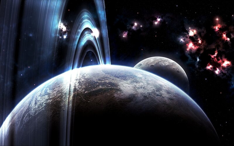Planet with Rings and Moon — Blue, Dramatic, Night, Digital Art, Nebula