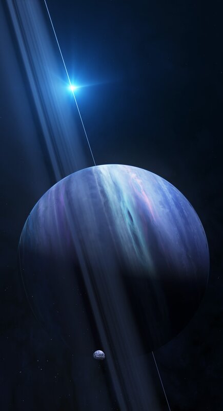 Planet with Rings and Moon — Blue, Dramatic, Night, Digital Art, Star