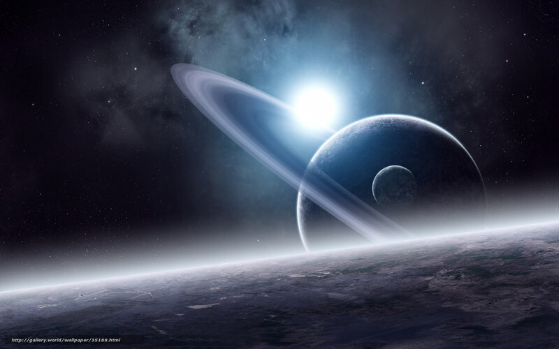Planet with Rings and Moon — Blue, Dramatic, Night, Digital Art, Stars