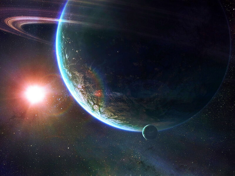 Planet with Rings and Moon — Blue, Dramatic