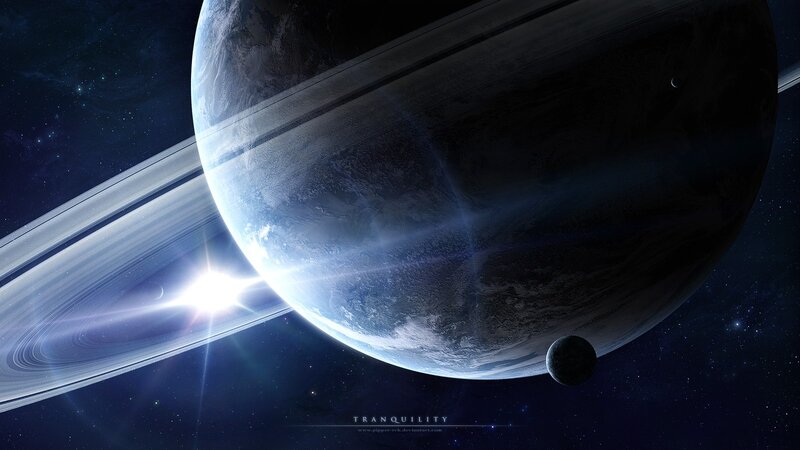Planet with Rings and Moon — Blue, Tranquil