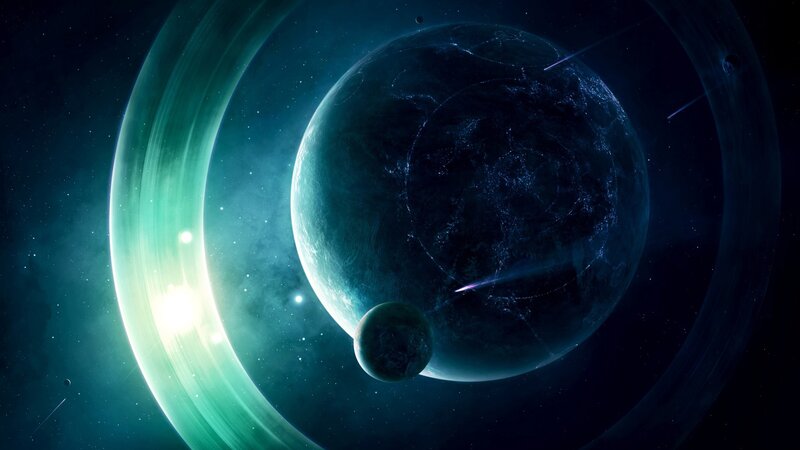 Planet with Rings and Moon — Dramatic