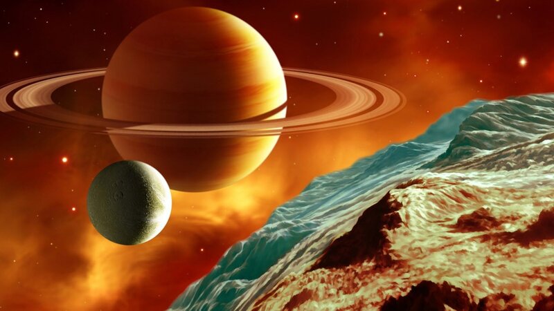 Planet with Rings and Moon — Orange, Dramatic
