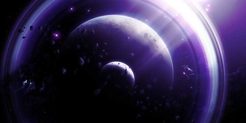 Planet with Rings and Moon — Purple, Dramatic, Night