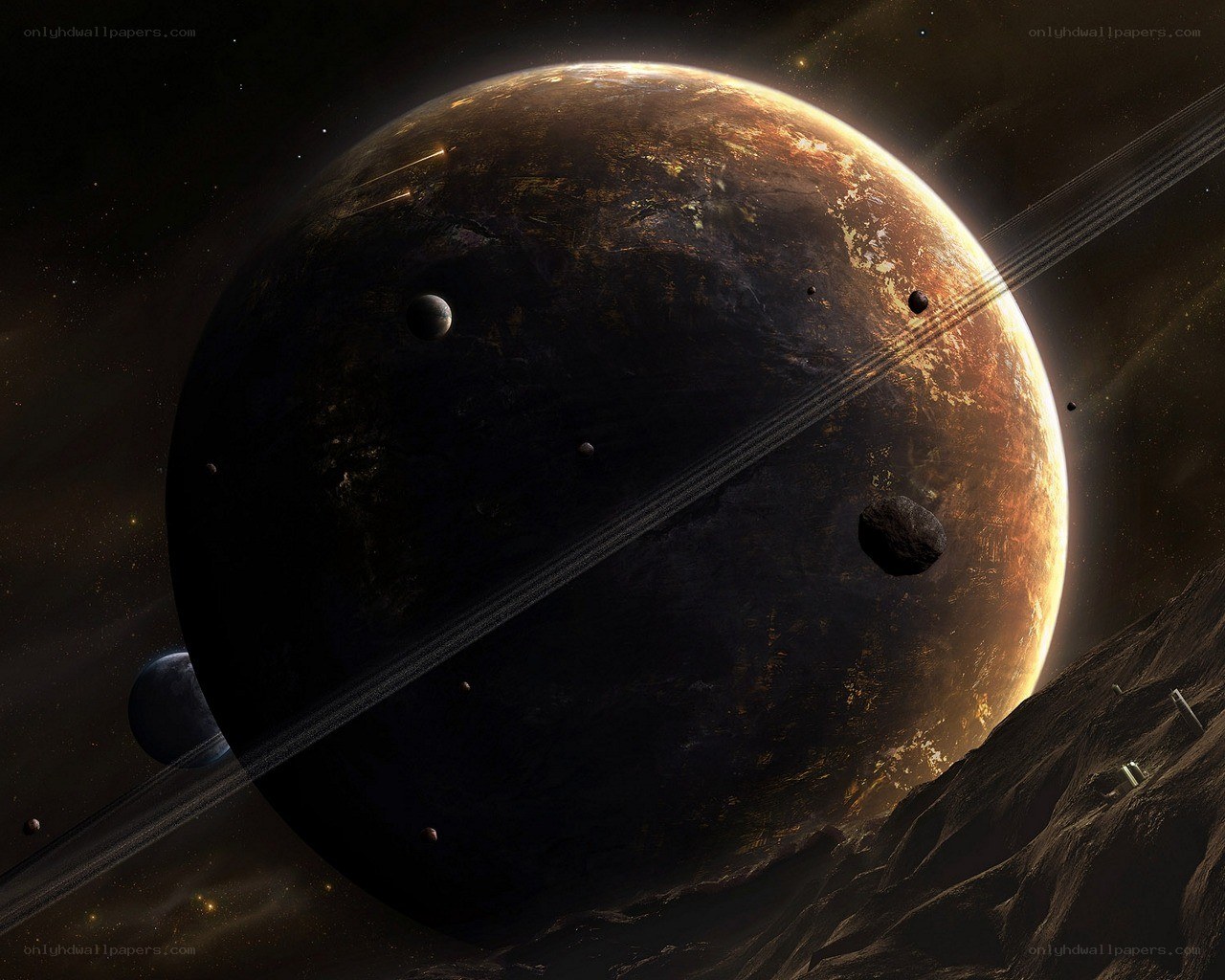 Planet with rings and moons