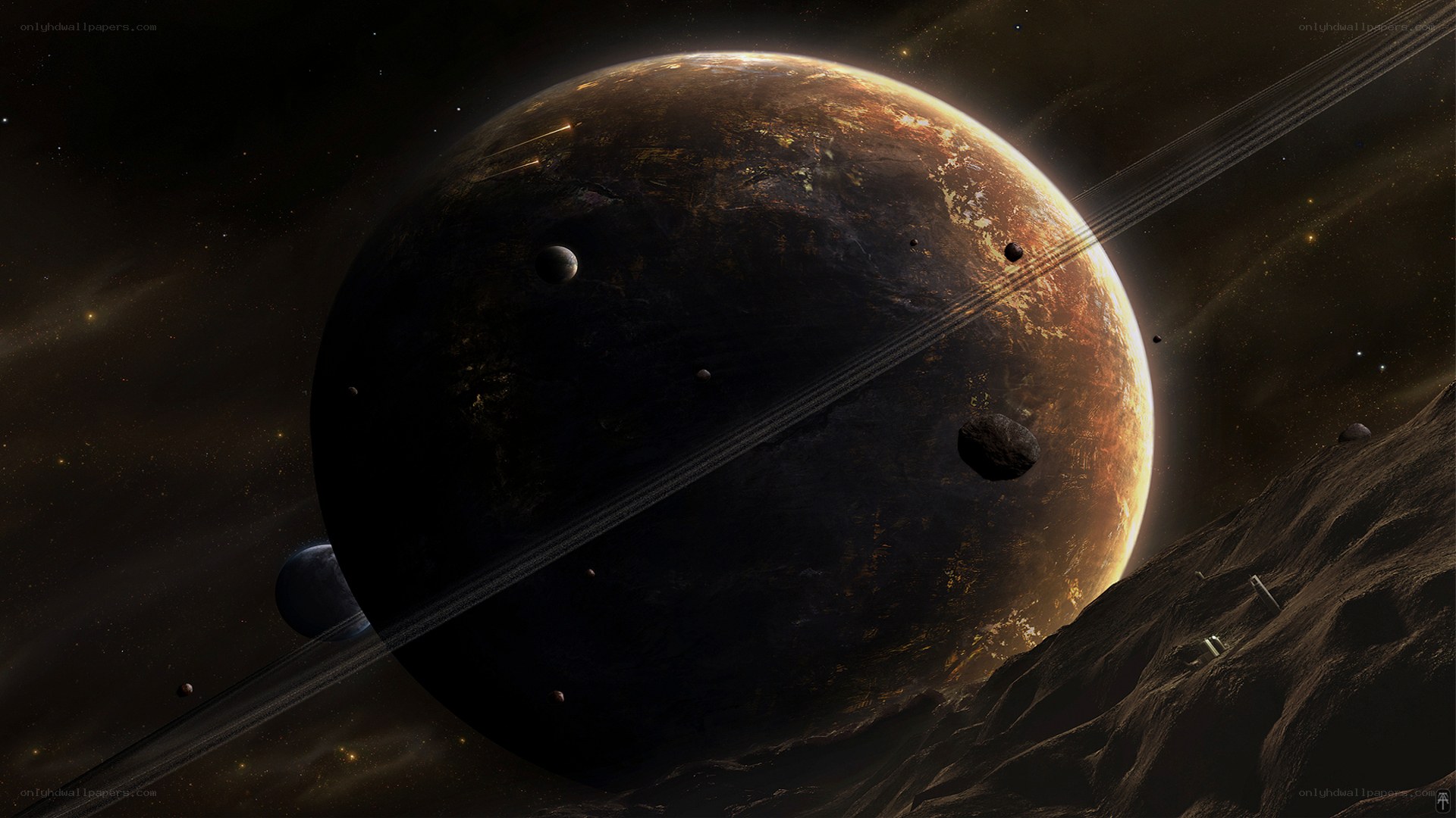 Planet with rings and moons