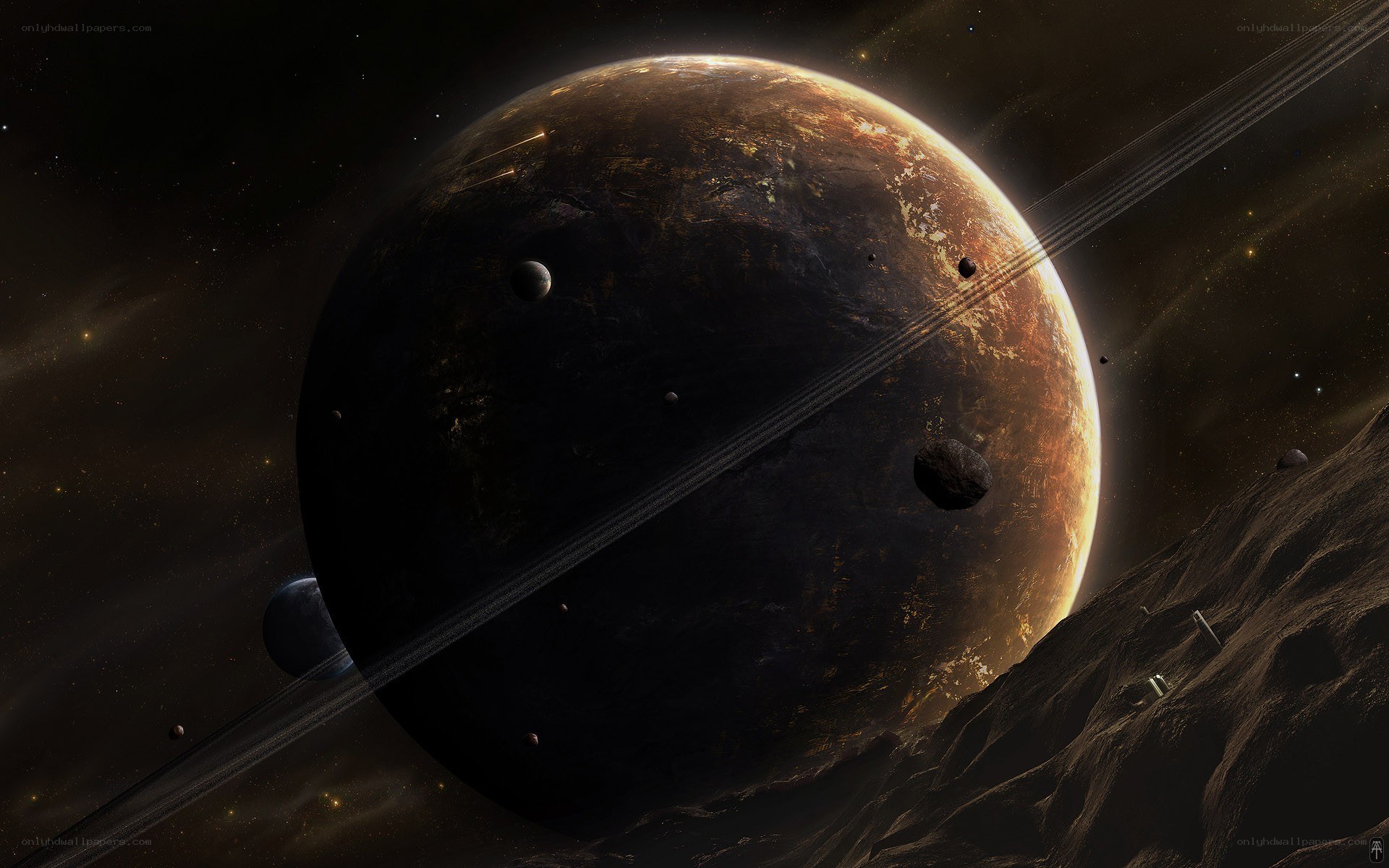 Planet with rings and moons