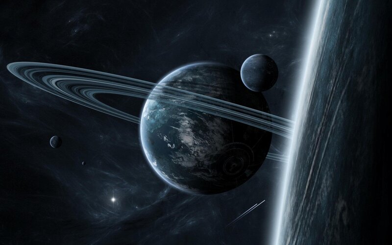 Planet with Rings and Moons — Black, Dramatic, Digital Art