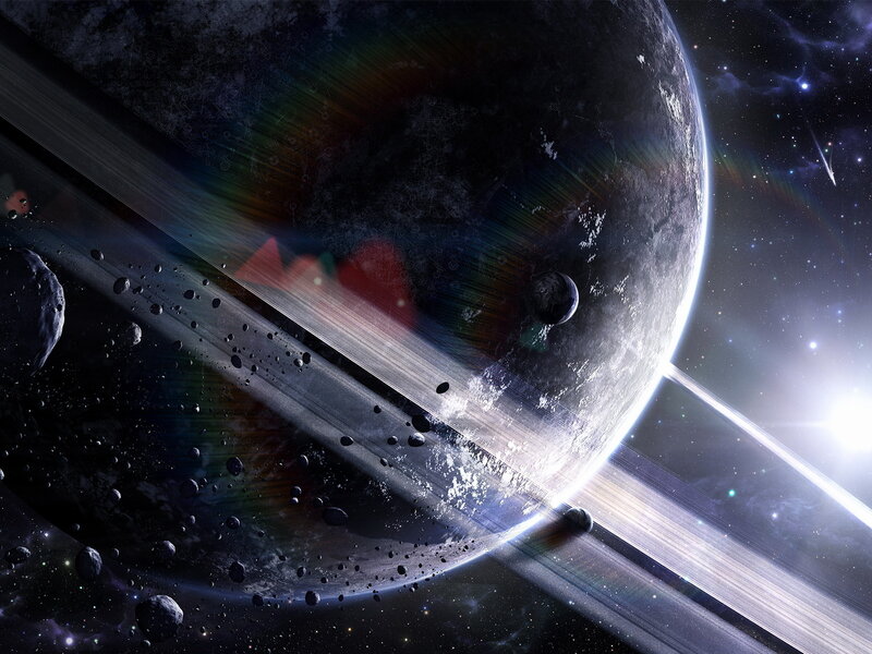 Planet with Rings and Moons — Black, Dramatic, Night, Digital Art, Asteroids