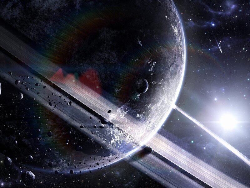 Planet with Rings and Moons — Black, Dramatic, Night, Digital Art, Stars