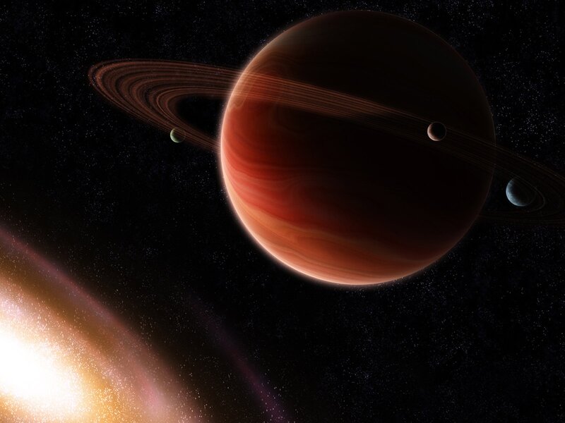 Planet with Rings and Moons — Black, Dramatic, Night, Digital Art