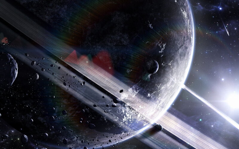 Planet with Rings and Moons — Black, Dramatic