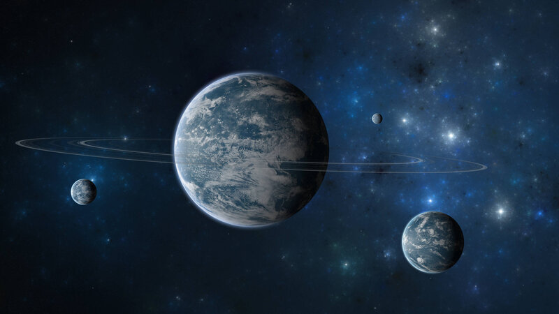Planet with Rings and Moons — Blue, Cosmic, Digital Art