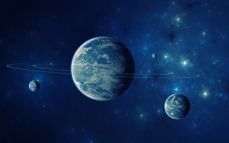 Planet with Rings and Moons — Blue, Cosmic