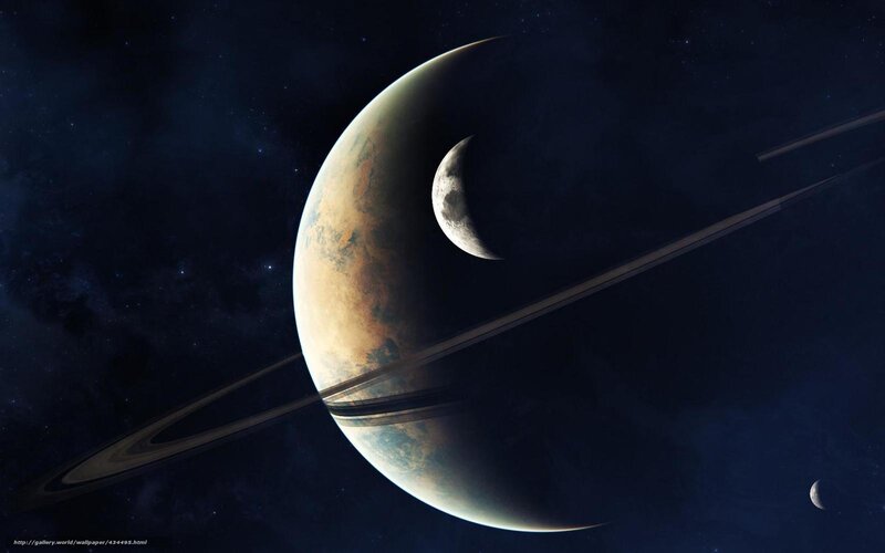 Planet with Rings and Moons — Blue, Dramatic, Night, Digital Art, Stars