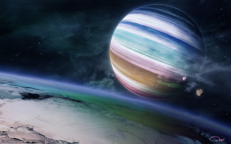 Planet with Rings and Moons — Blue, Dramatic, Night, Digital Art