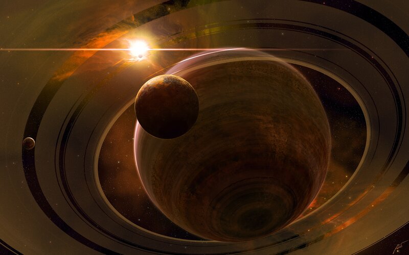 Planet with Rings and Moons — Brown, Dramatic, Digital Art, Sun