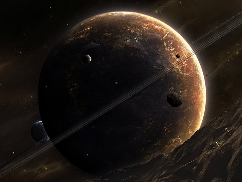 Planet with Rings and Moons — Brown