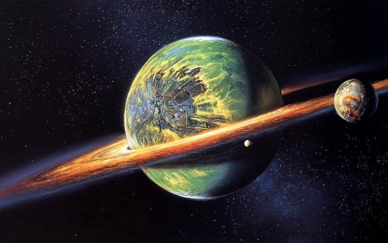Planet with Rings and Moons — Green, Dramatic, Night, Digital Art, Stars, Black, Orange