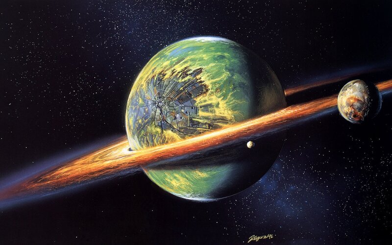 Planet with Rings and Moons — Green, Dramatic, Night, Digital Art, Stars