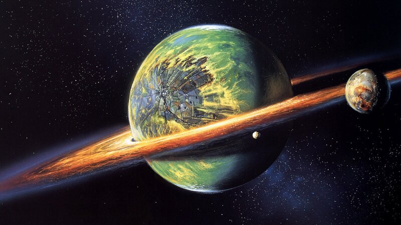 Planet with Rings and Moons — Green, Dramatic, Night, Digital Art