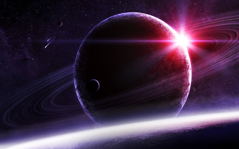 Planet with Rings and Moons — Purple, Dramatic