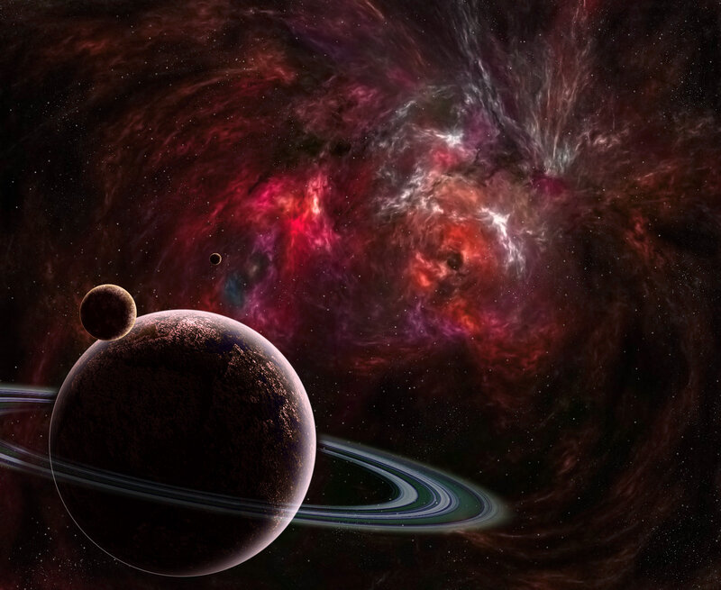 Planet with Rings and Moons — Red