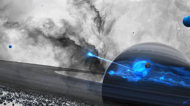 Planet with Rings and Nebula — Blue