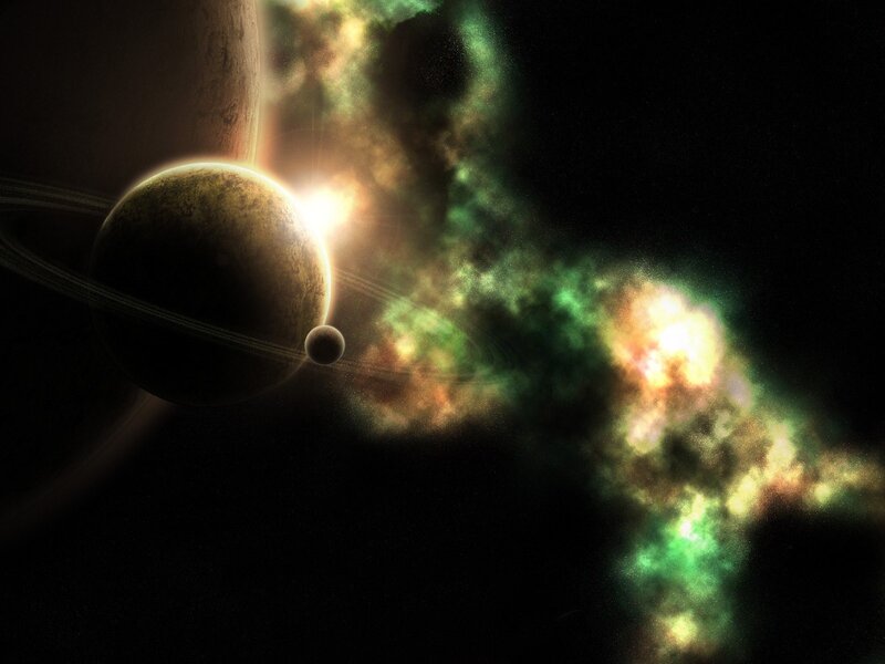 Planet with Rings and Nebula — Green