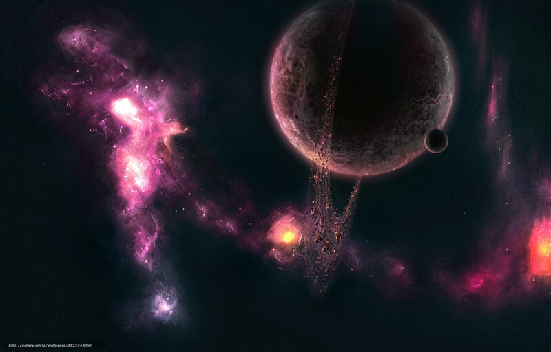 Planet with Rings and Nebula — Purple, Dramatic
