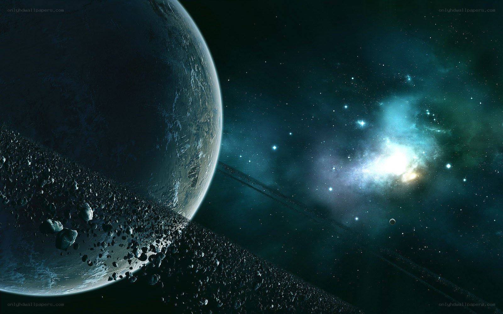 Planet with rings and nebula