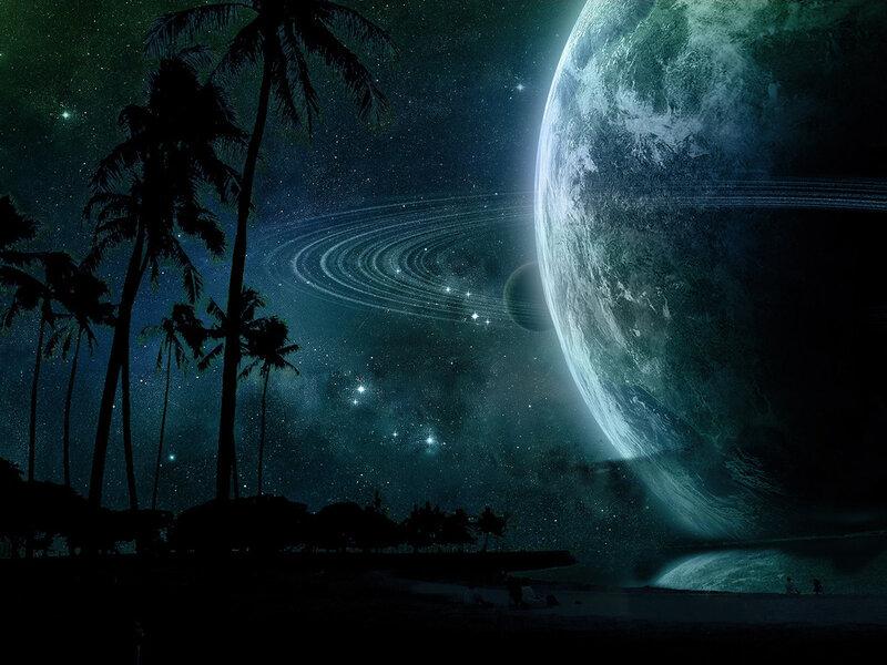 Planet with Rings and Palm Trees — Blue