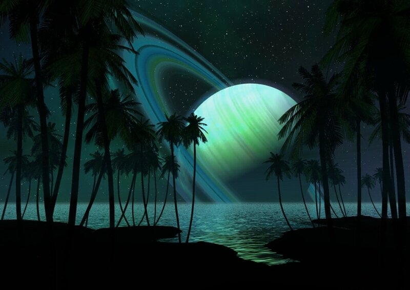 Planet with Rings and Palm Trees