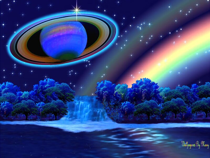 Planet with Rings and Rainbow