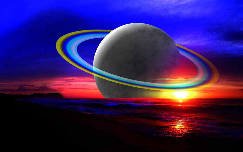 Planet with Rings at Sunset — Blue