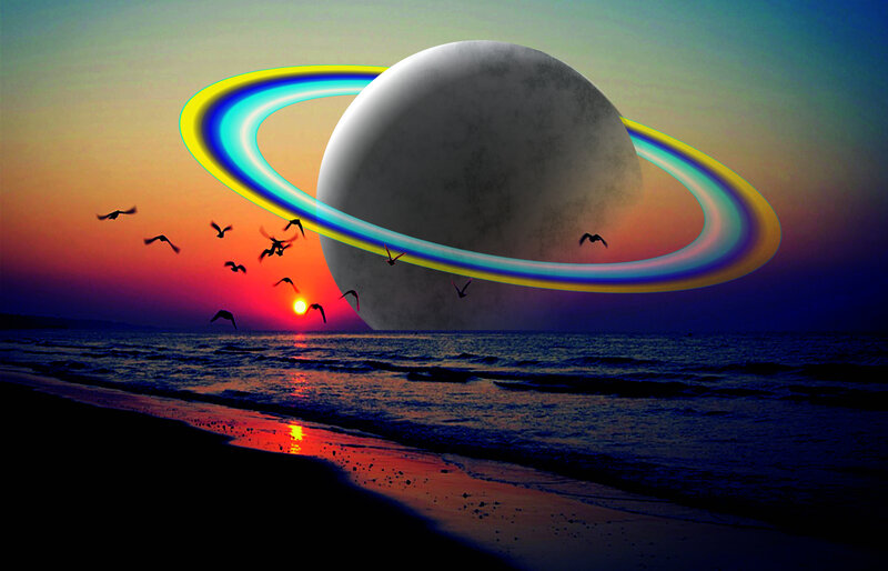 Planet with Rings at Sunset — Orange