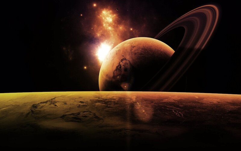 Planet with Rings — Black, Dramatic, Digital Art, Stars, Nebula, Planet Surface